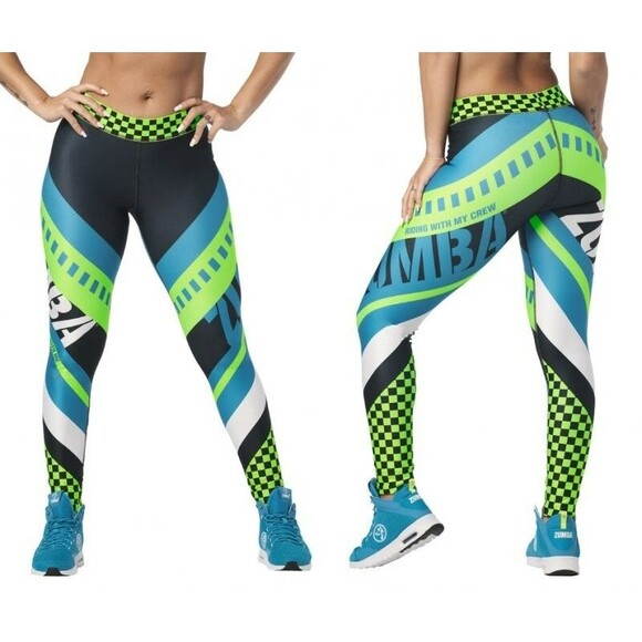 Zumba Faster Better Ankle Leggings SMALL Neon Green Blue Jacquard Waist Band - Picture 1 of 10